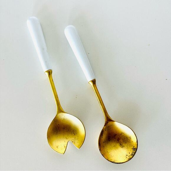 VINTAGE Gold Brass White Enamel Handle Salad Spoon Tosser Serving Utensil Set - Picture 2 of 6